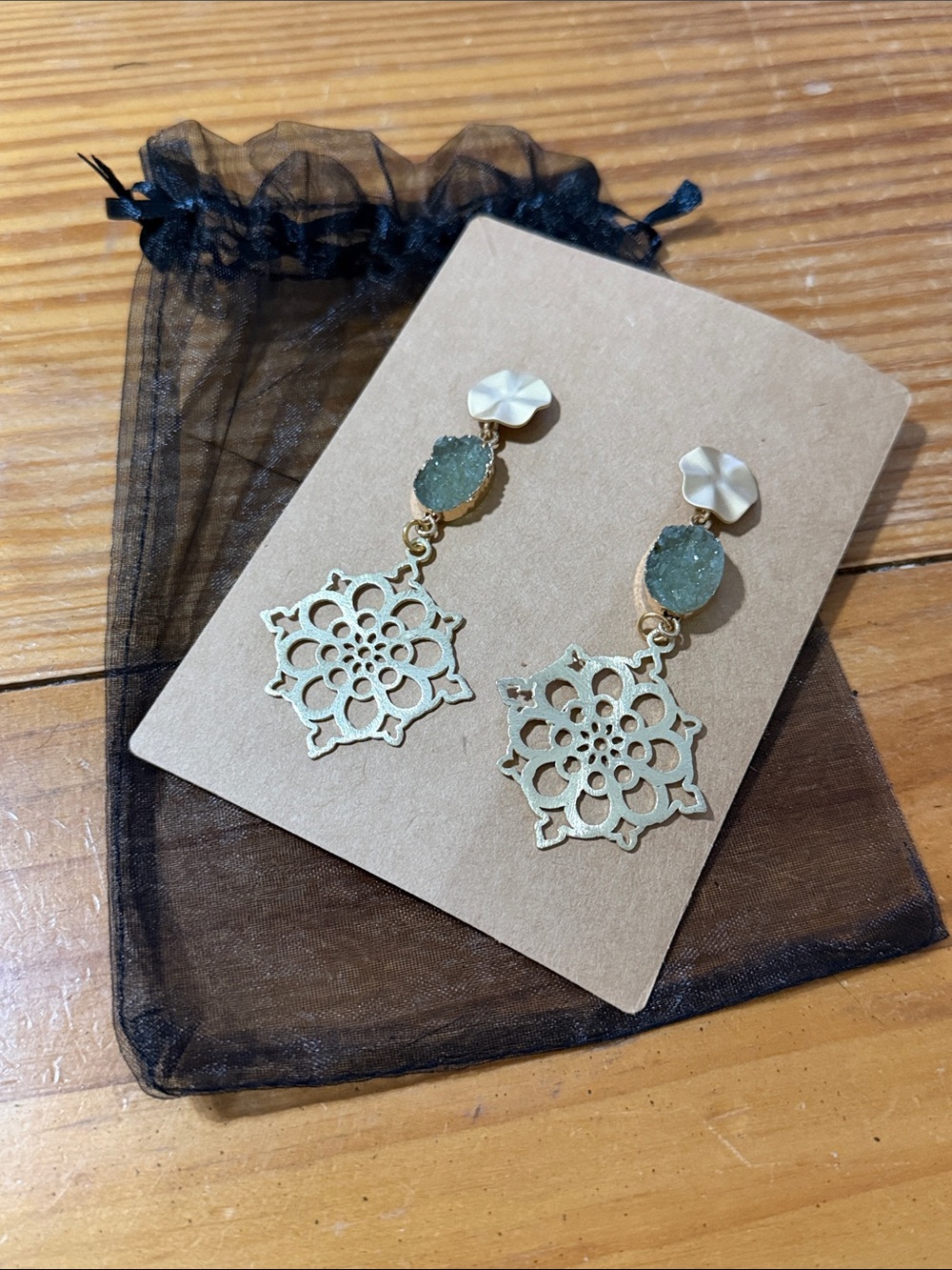 Artisan made Gold Filigree Drop Earrings w/ faux Druzy, new on card